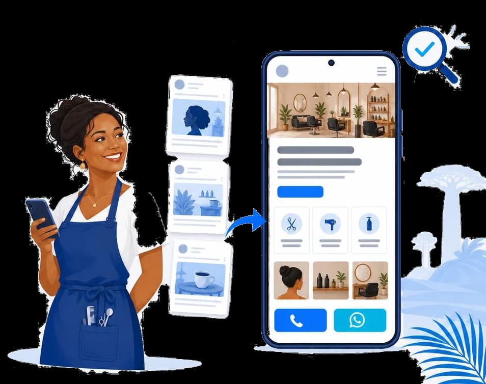 Une commerçante malgache souriante tient son téléphone, à côté de l'écran du site vitrine de son salon créé à partir de sa page Facebook
